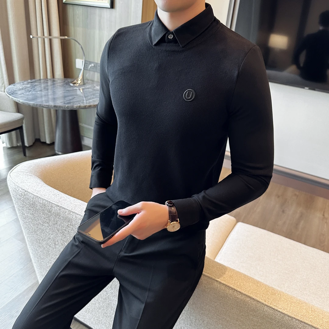 秋冬季男士休闲衬衫韩版潮流修身假两件衬衣帅气长袖衬衫男打底衫