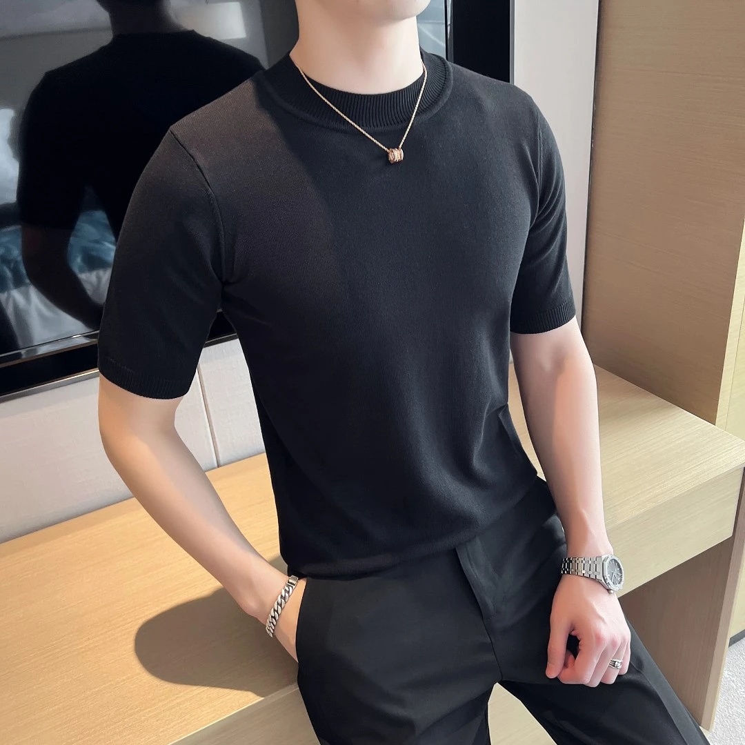 秋季T恤男半高领毛衣 休闲半袖针织衫男韩版潮流修身帅气短袖男