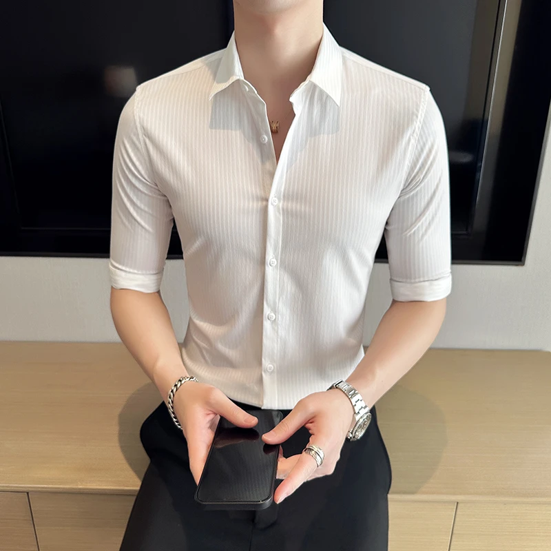 夏季短袖衬衫男韩版修身寸衫休闲中袖衬衣男士上衣青年潮流五分袖