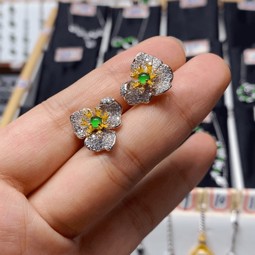 【闪购商品】翡翠颈饰银S925镶嵌翡翠耳钉无证书/假一赔四