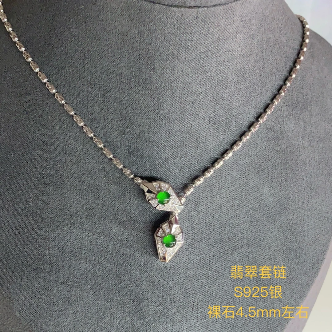 天然翡翠套链925银灵蛇加粗吊坠冰种满绿阳绿调节百搭精美个性
