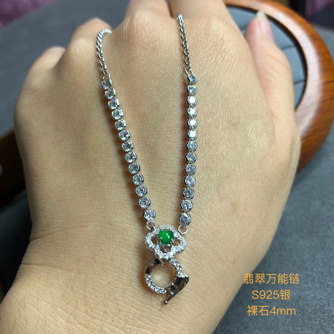 天然翡翠万能链925银吊坠冰种满绿阳绿多颗百搭精美豪华吊坠轻奢