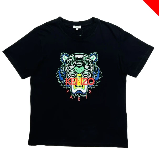 99新 KENZO/肯佐 经典红绿虎头印花圆领短袖休闲修身半袖黑色男士