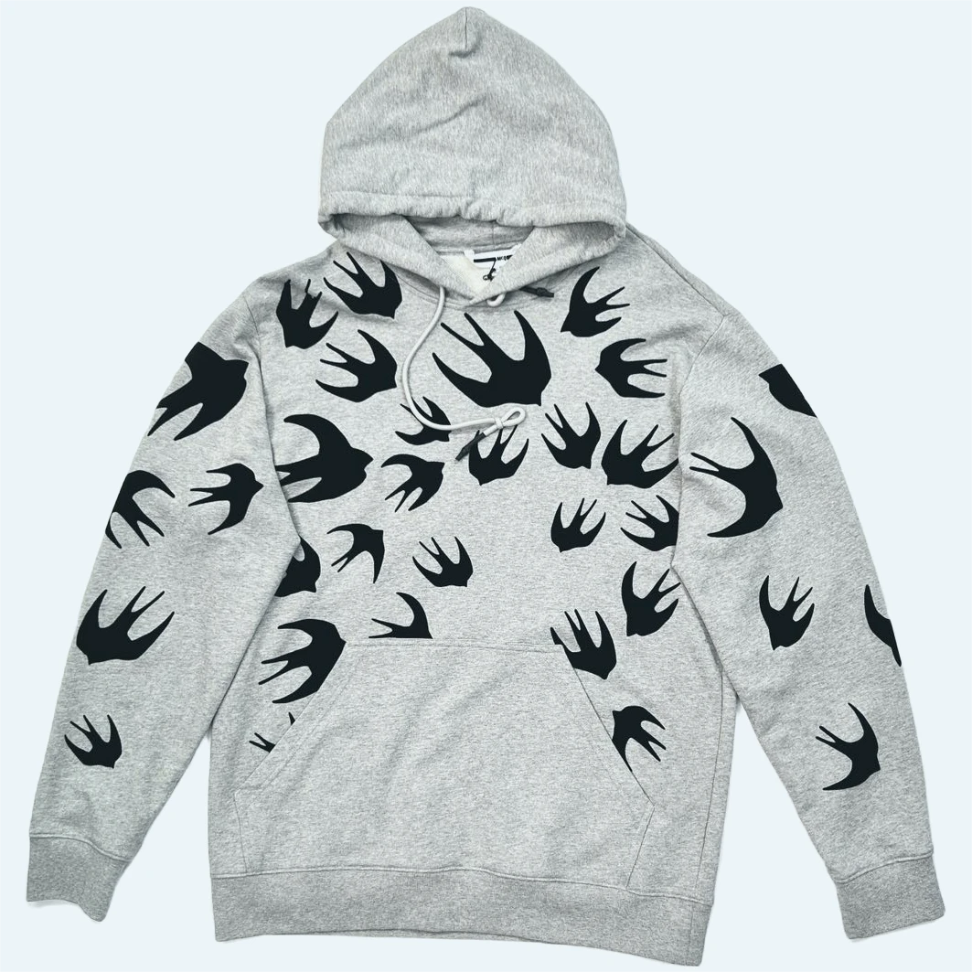 99新 Alexander McQueen/亚历山大·麦昆 黑植绒飞燕麻灰色帽衫男