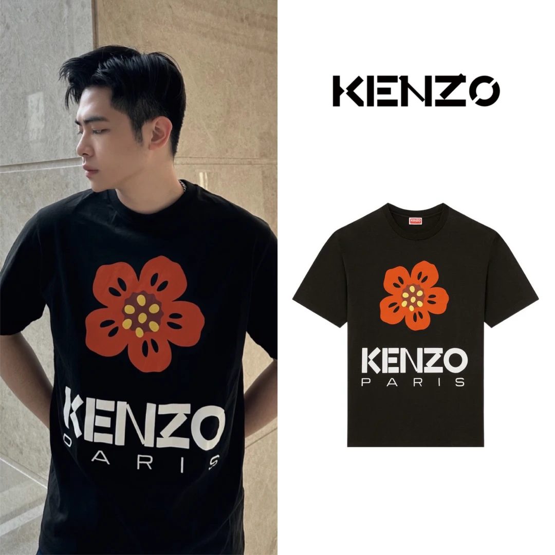 99新 KENZO/肯佐 红海棠花字母LOGO简约圆领短袖印花休闲黑色男士