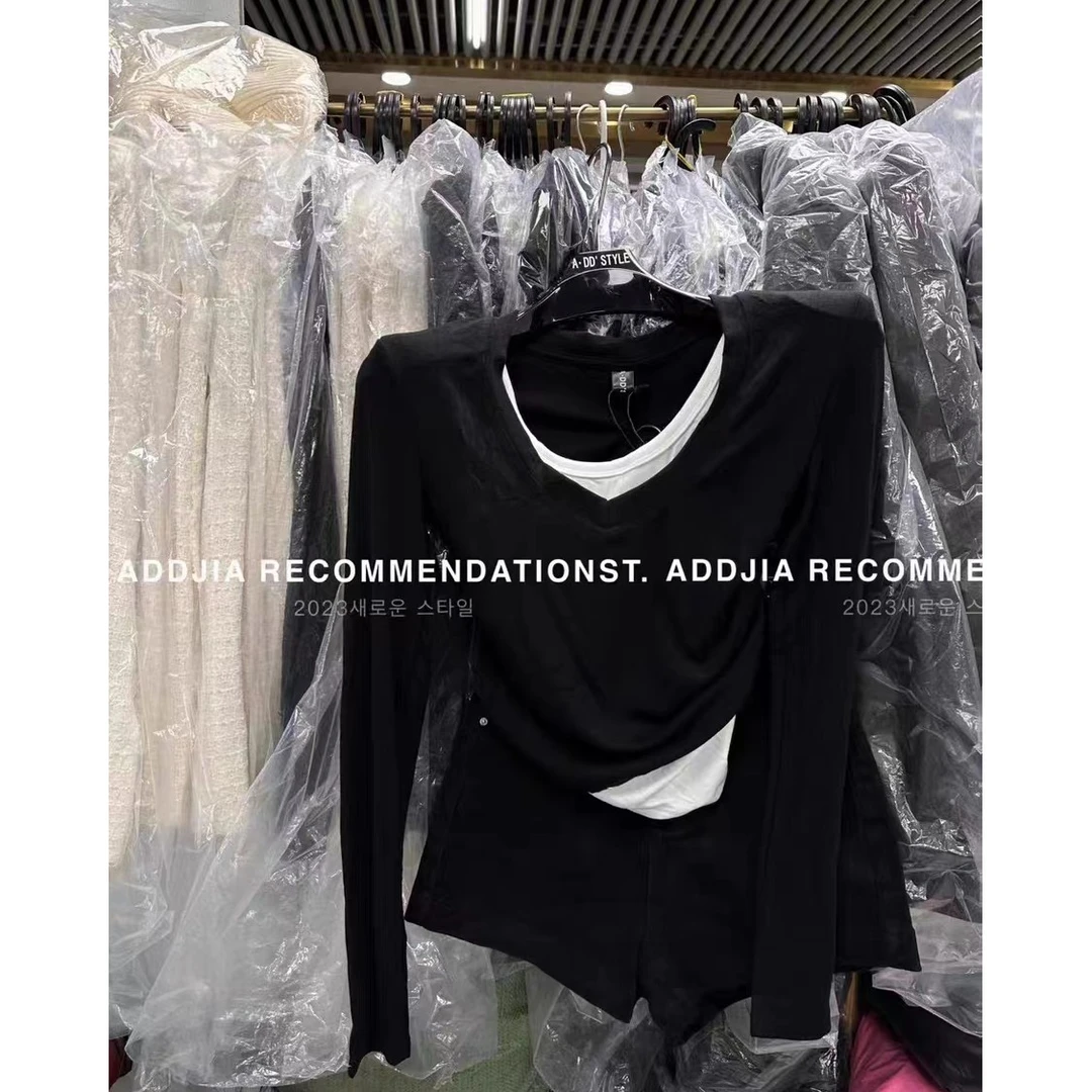 2024春款网红爆款拼接打底衫时尚百搭显瘦假两件长袖T恤女 W933