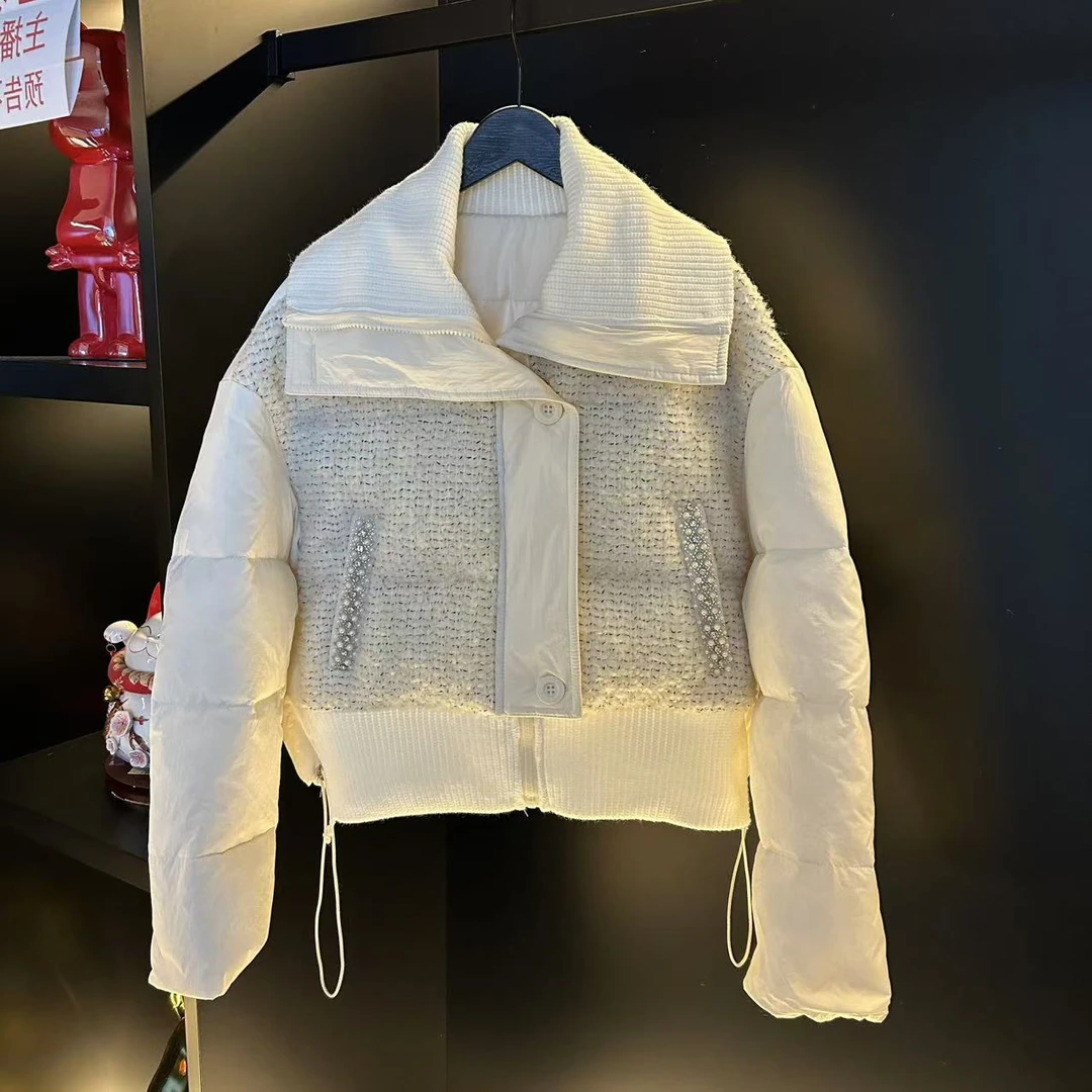 【SCARMONA】X9069 冬季新款棉服女短款针织翻领拼接棉服外套