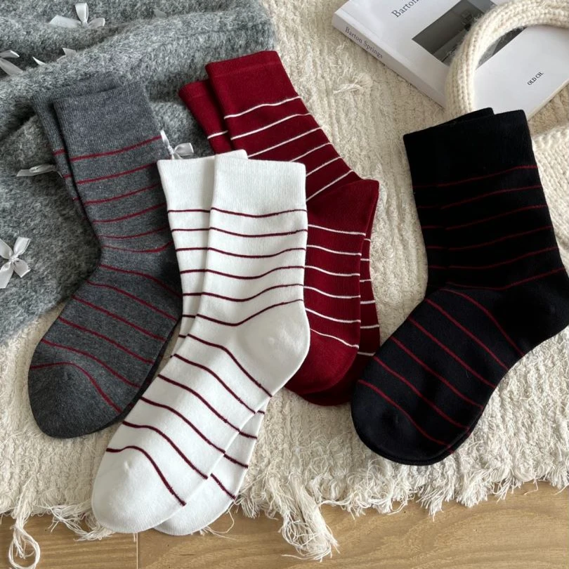 横条纹款百搭女士安可拉红舒适堆堆袜W6677