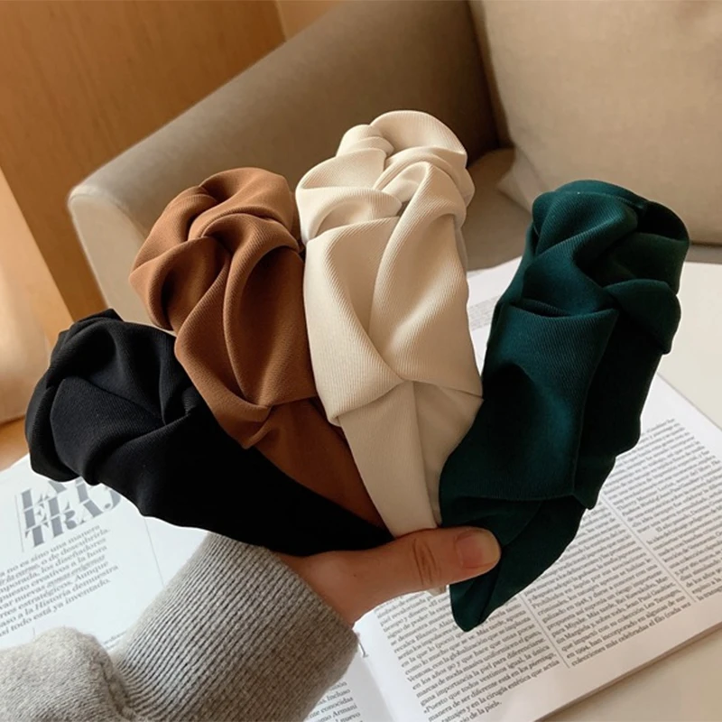 韩版简约百搭缎面气质褶皱宽边纯色发箍发卡时尚复古压发头箍发饰
