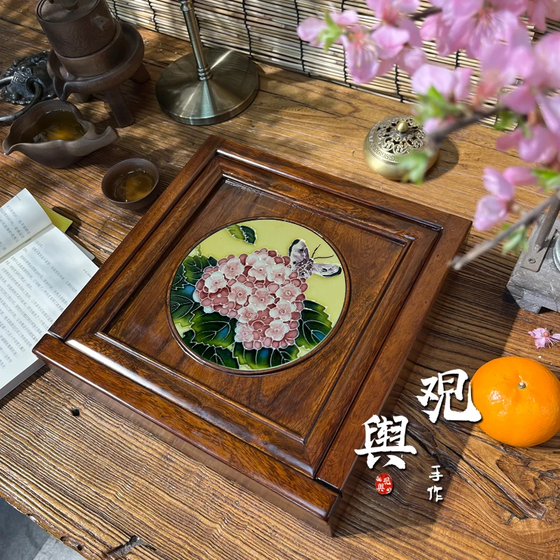 观赛搭子带盖四格抽拉干果盒立体浮雕瓷板画客厅茶几老榆木收纳盒
