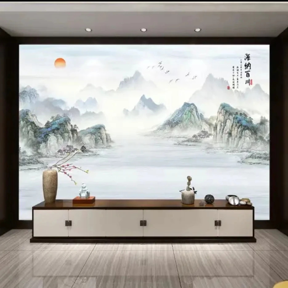 独秀刺绣背景墙布客厅沙发茶台高端定制海纳百川印加绣
