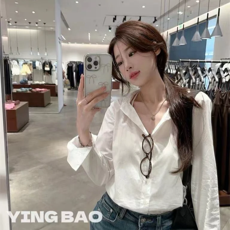 Hello熙熙 【露丝衬衣】纯棉设计感气质V领挂脖长袖衬衫 女 920