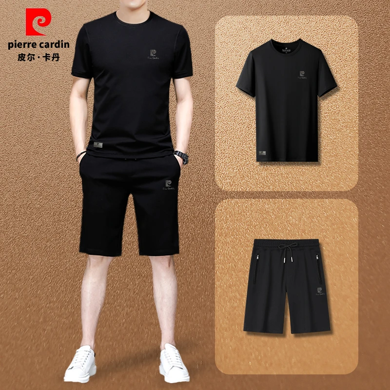 皮尔卡丹套装男短袖短裤休闲运动男装新款冰丝圆领印花男士两件套