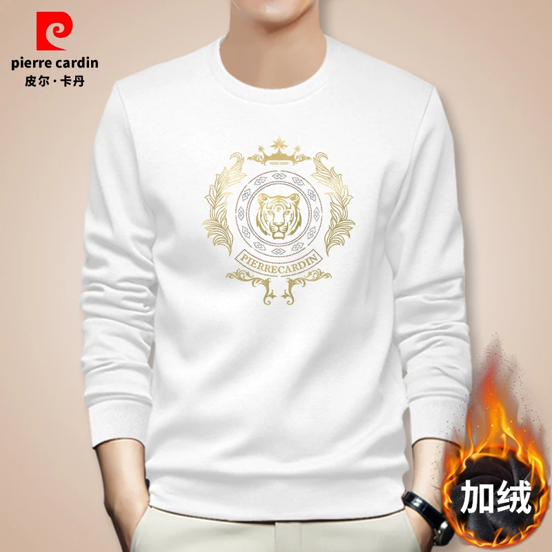 皮尔卡丹加绒加厚卫衣圆领男秋冬季保暖休闲中青年长袖高级感上衣
