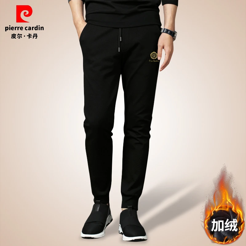 皮尔卡丹男士加绒加厚长裤秋冬新款潮流简约休闲运动印花小脚裤子