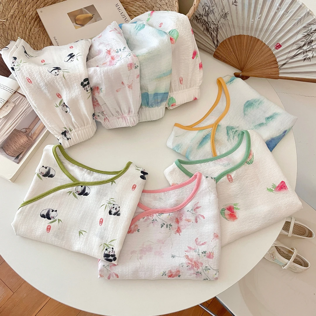 【爆款热卖】新款男女童中国风家居服套装夏天儿童睡衣宽松空调服薄