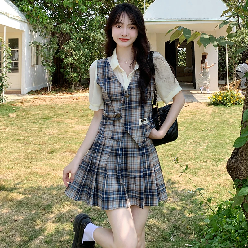 2025夏装新款大码格子百褶裙减龄套装高腰泡泡袖服显瘦两件套夏季