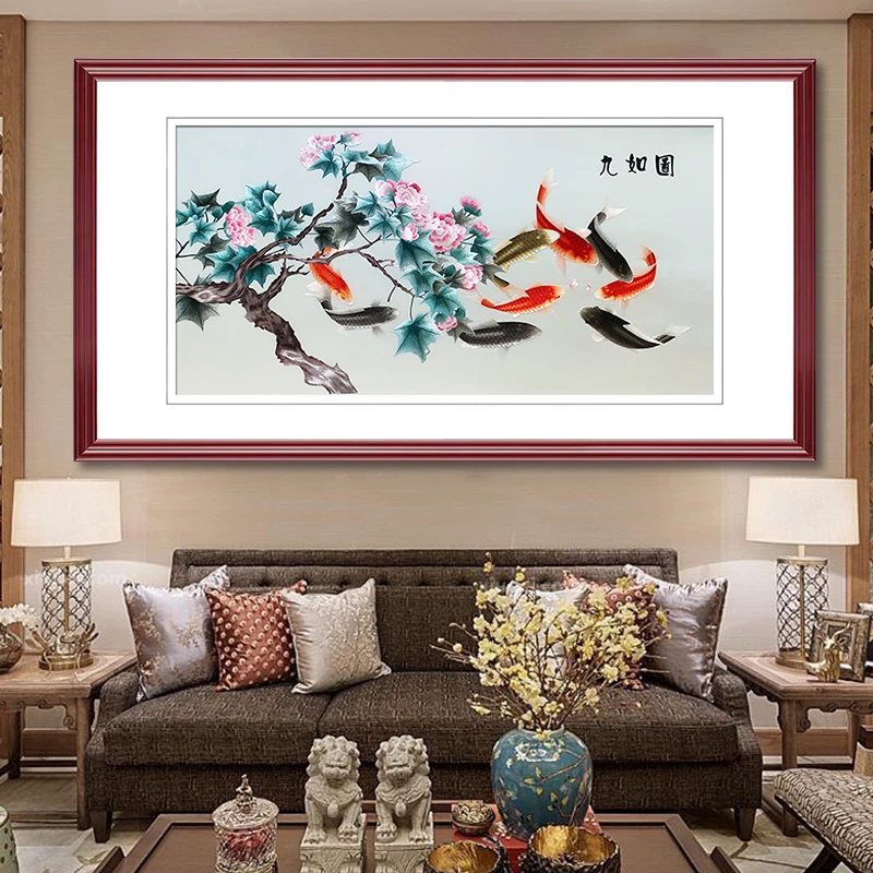 苏绣纯手工苏州刺绣画苏绣成品挂画客厅玄关中式装饰画鱼九如图