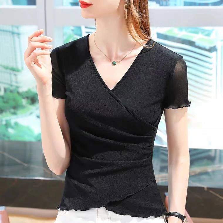 网纱打底衫短袖上衣女2023新款夏季时尚气质交叉V领不规则T恤女