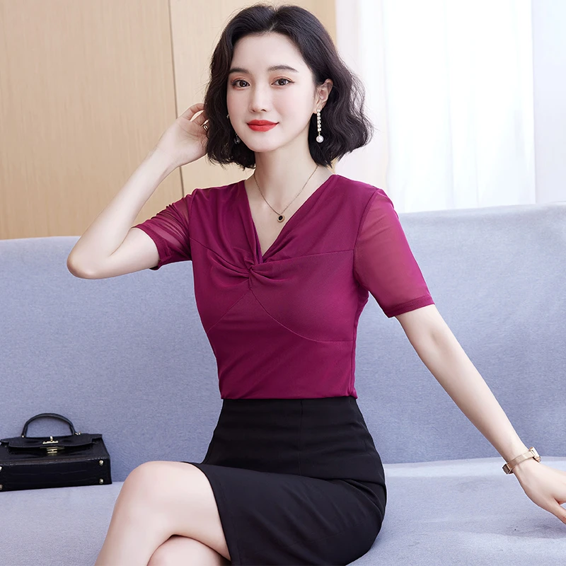 短袖网纱上衣女夏2023年新款薄款修身显瘦时尚气质百搭t恤小衫