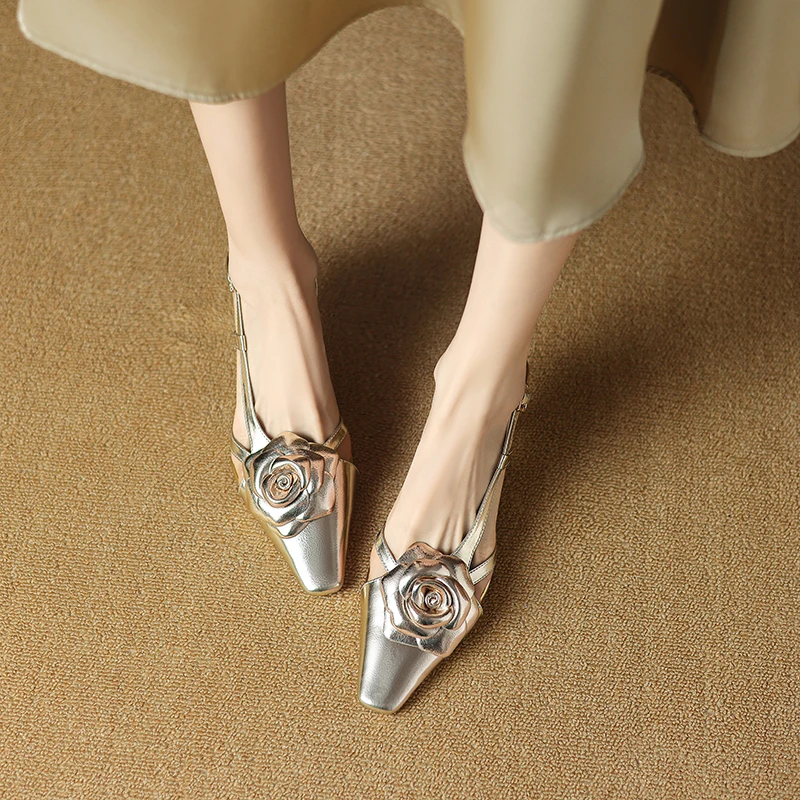 气质细跟百搭包头方头中跟花朵夏季复古凉鞋透气真皮轻奢女鞋女士
