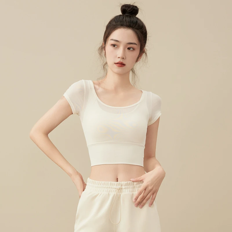 带胸垫瑜伽服运动短袖女上衣防震速干跑步性感健身普拉提训练服夏