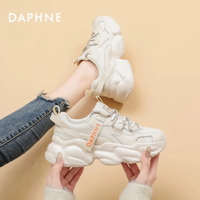 达芙妮老爹鞋女2025年网面潮流百搭休闲厚底运动鞋圆头系带休闲鞋