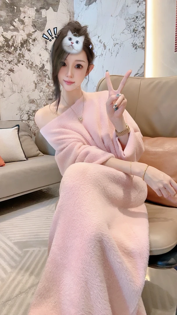 LIN小白【心软的神】定制 粉色V领水貂毛毛衣长裙50036