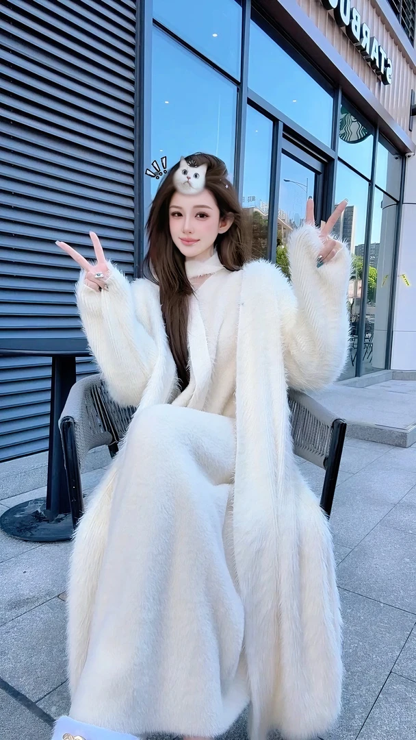LIN小白 8-10公分！水貂毛毛衣大开衫冬季软糯糯白色外套长款60039
