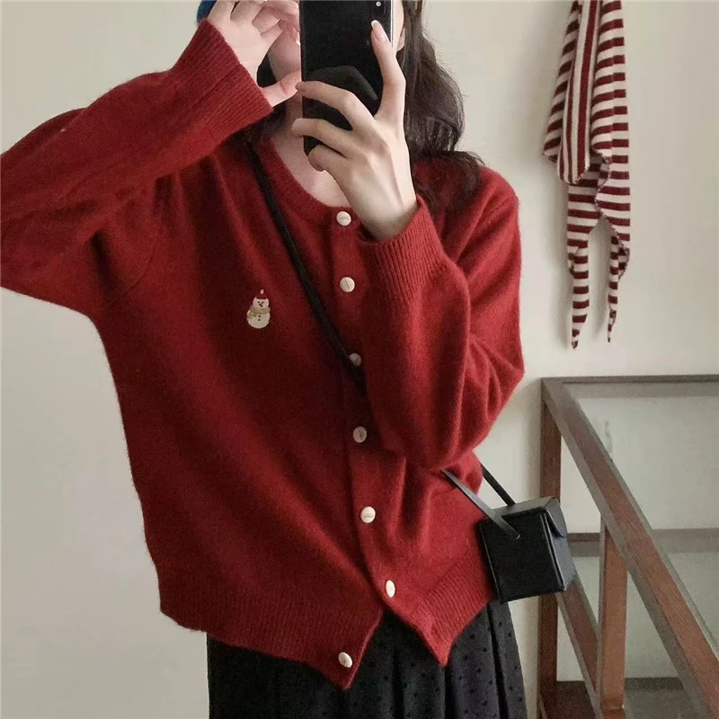 秋冬新款圆领纯色圣诞洋气开衫女长袖百搭针织衫宽松显瘦毛衣外套