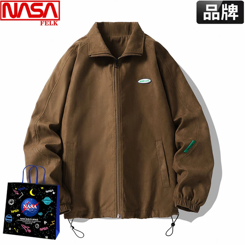 NASA联名美式复古工装外套男士宽松休闲褂子潮牌纯色百搭翻领夹克