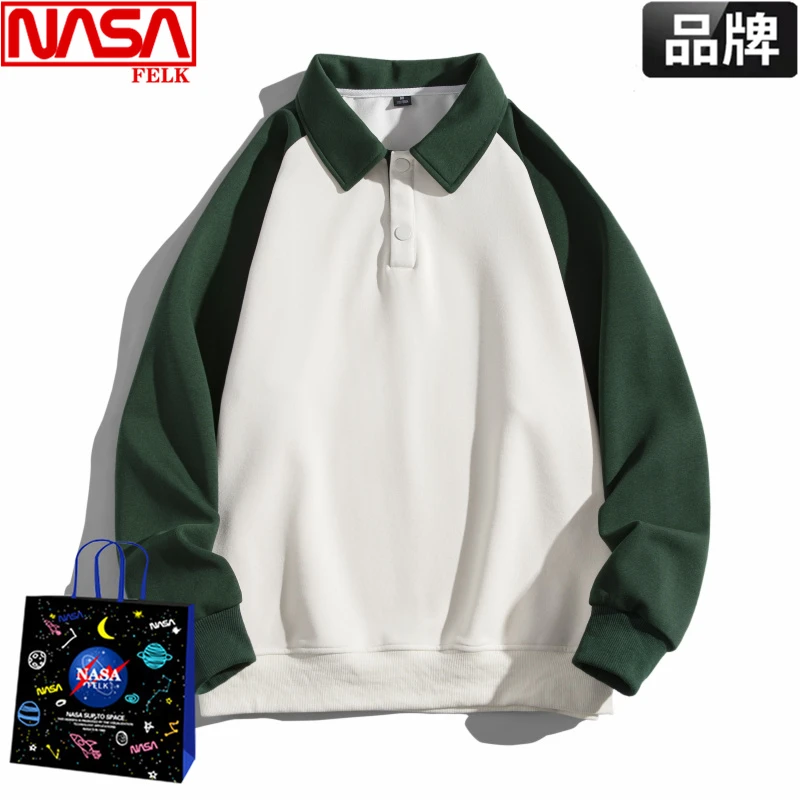 NASA联名卫衣男士潮牌美式休闲简约拼色POLO衫高档翻领百搭上衣服