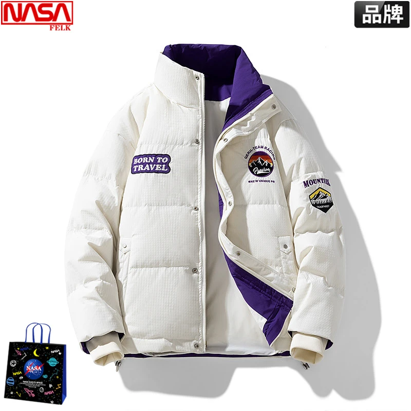 NASA高端男款羽绒服潮宽松无帽立领刺绣加厚保暖防寒白鸭绒羽绒衣