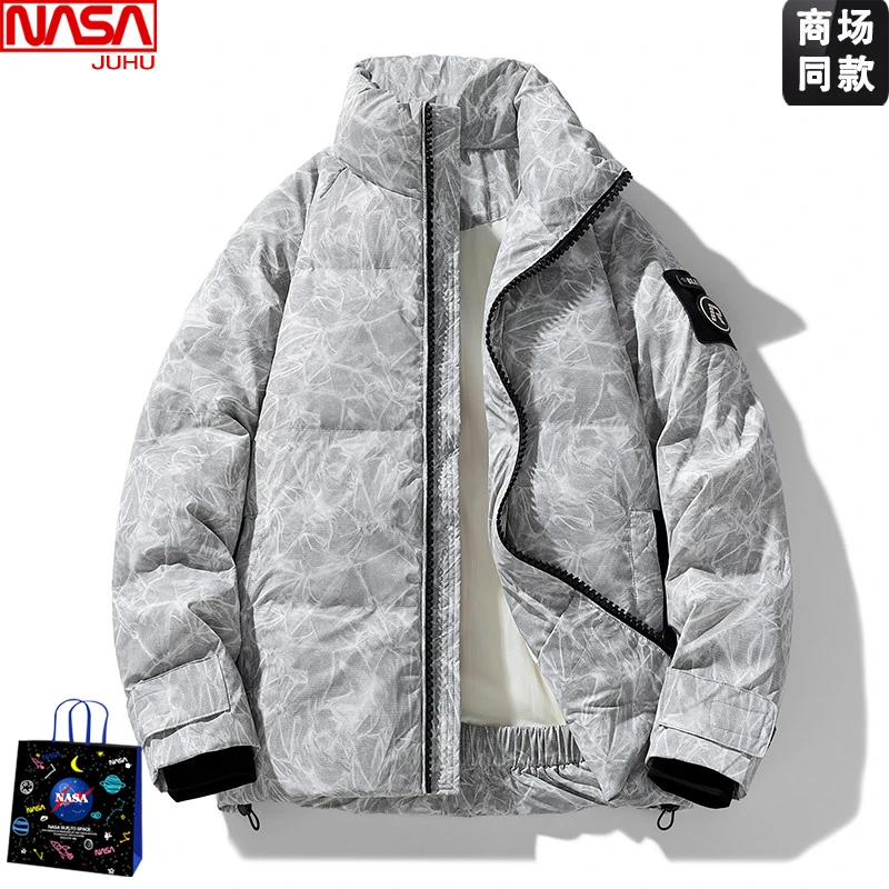NASA羽绒服男无帽立领保暖防寒服外套脏脏色扎染渐变白鸭绒羽绒衣