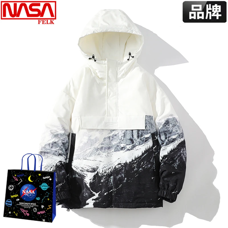 NASA雪山羽绒服男女潮牌冬季套头半拉链渐变色情侣白鸭绒防寒外套