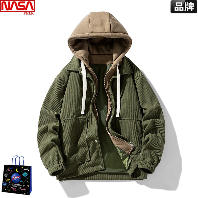 NASA加绒灯芯绒外套男女假两件连帽棒球服夹克学生情侣装小众褂子