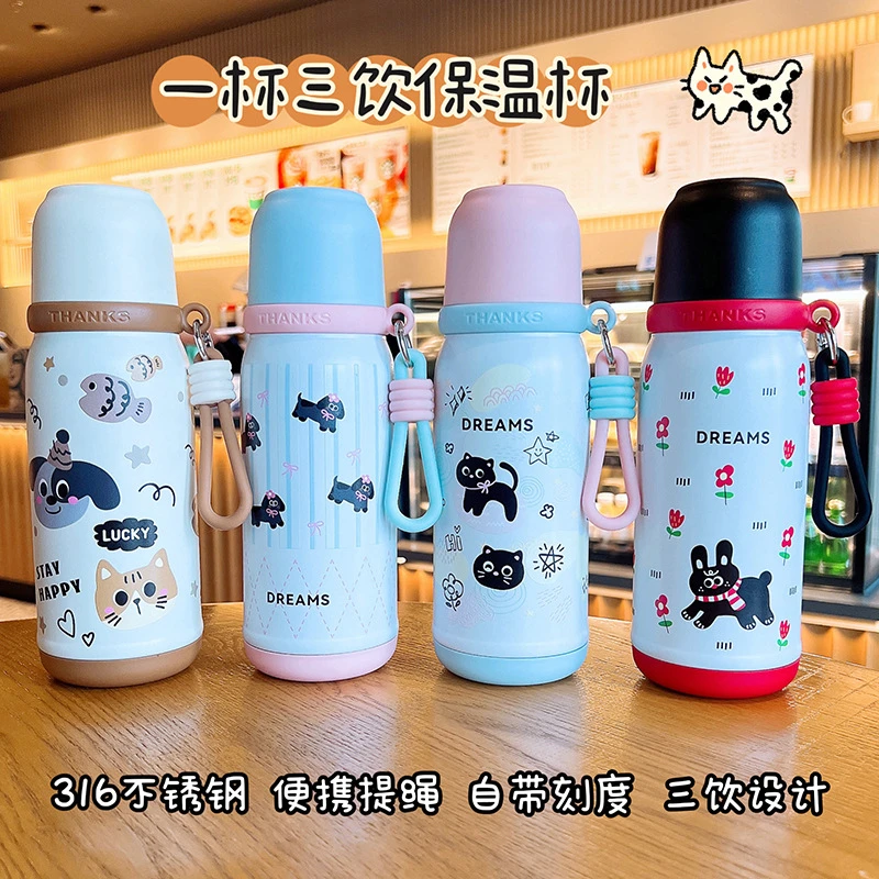 316不锈钢保温杯便携提绳随行杯卡通涂鸦双饮杯时尚男女学生水杯