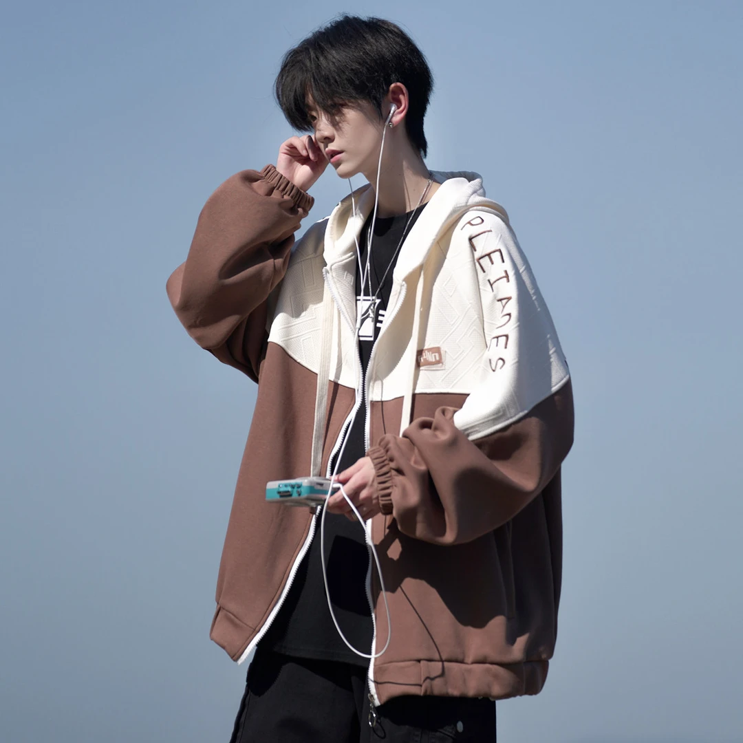 港风男士拼色连帽卫衣青少年休闲宽松上衣学生帅气韩版潮流外套