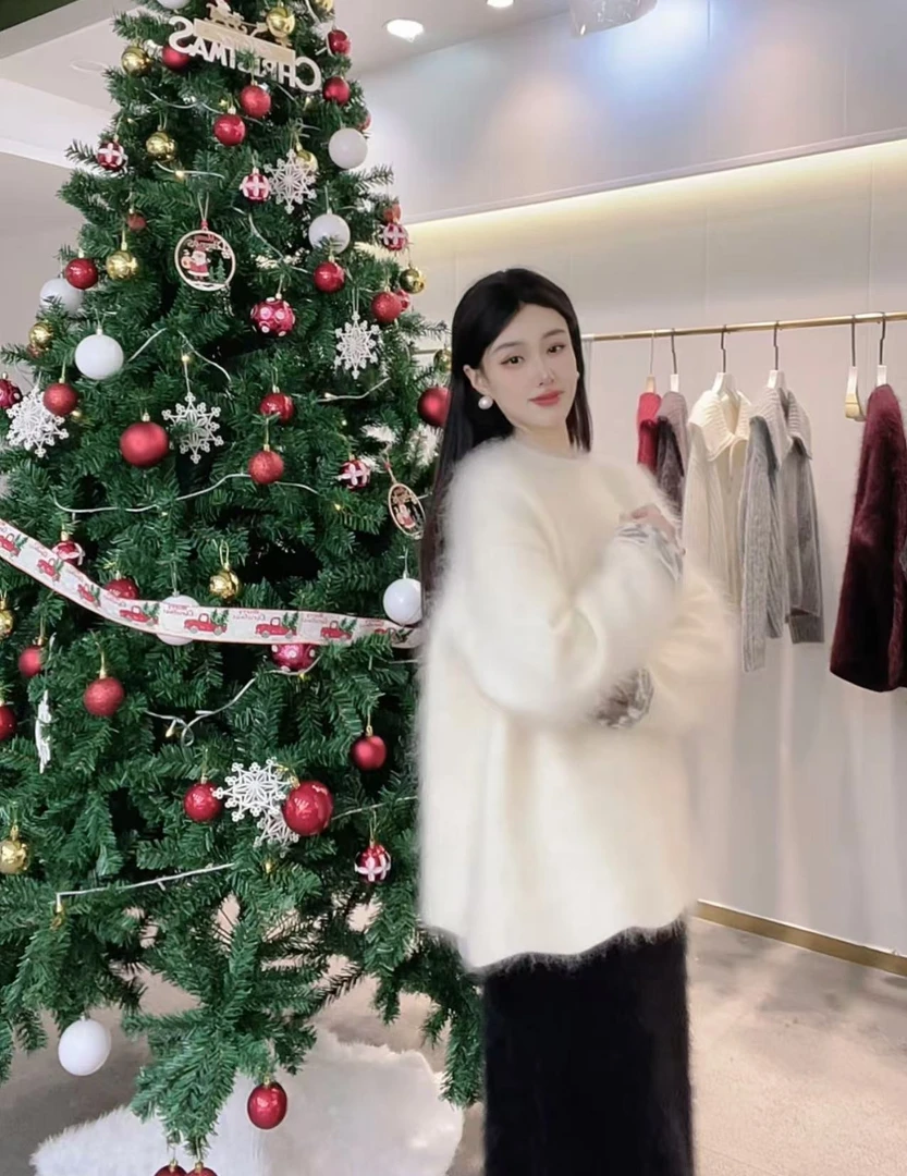 MUZI加厚超幼马海圆领套头豹纹袖口长毛真毛