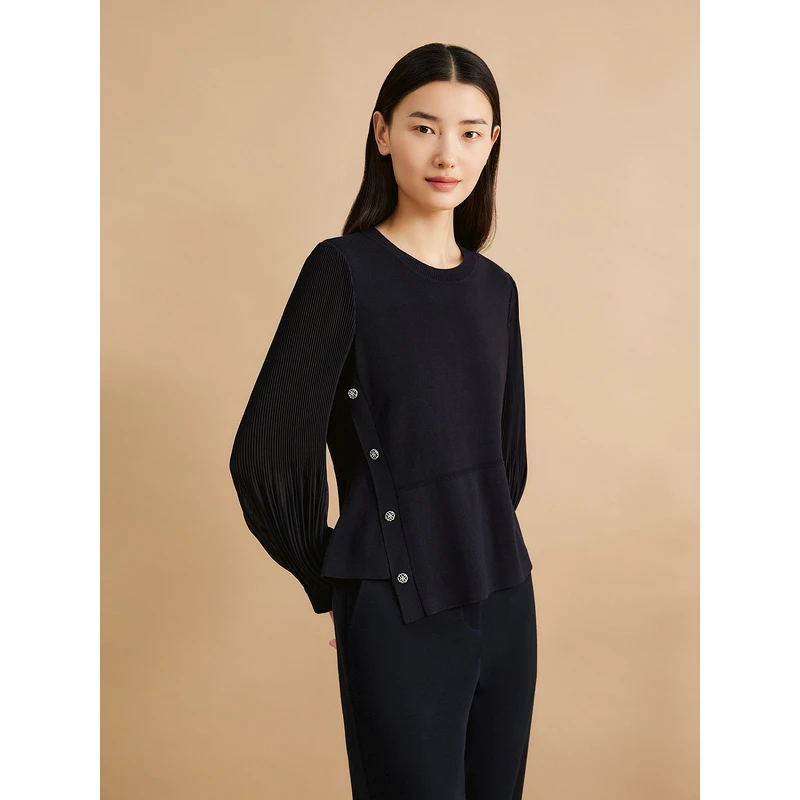 YINER音儿秋季新款不对称收腰拼压褶雪纺袖毛针织衫