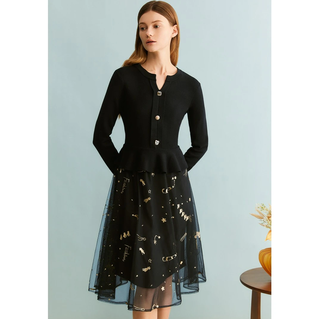 YINER音儿 秋季新款优雅气质复古法式秋冬毛织连衣裙8C63306306