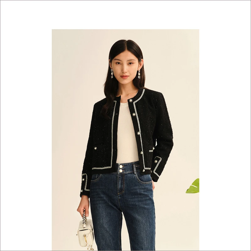 YINER音儿春季宽松开衫钉珠时尚粗花呢小香风针织衫8C66106376