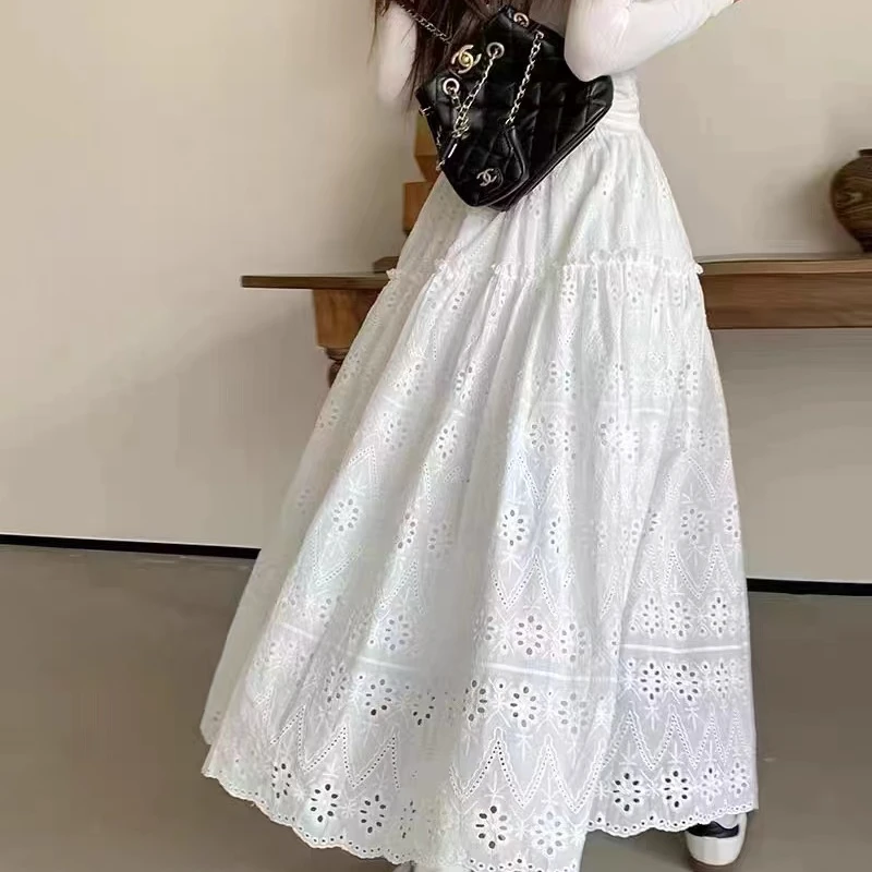 【蕾丝长裙】日系白色镂空刺绣蛋糕裙半身中长裙蕾丝a字长裙
