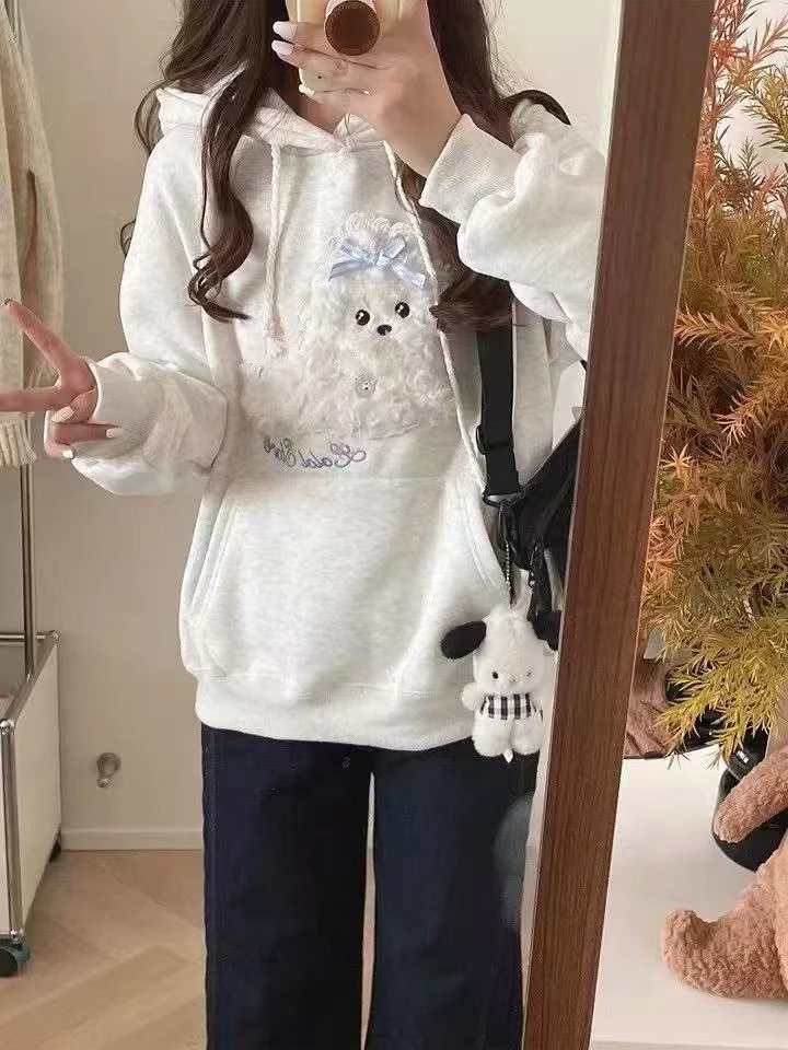 【钻石狗狗】小狗环游记~慵懒法式卷卷小狗抽绳连帽套头植绒卫衣