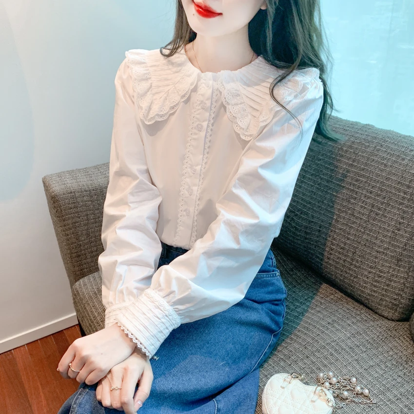 新款2024春秋法式娃娃领上衣长袖白色衬衫女士灯笼袖气质百搭衬衣