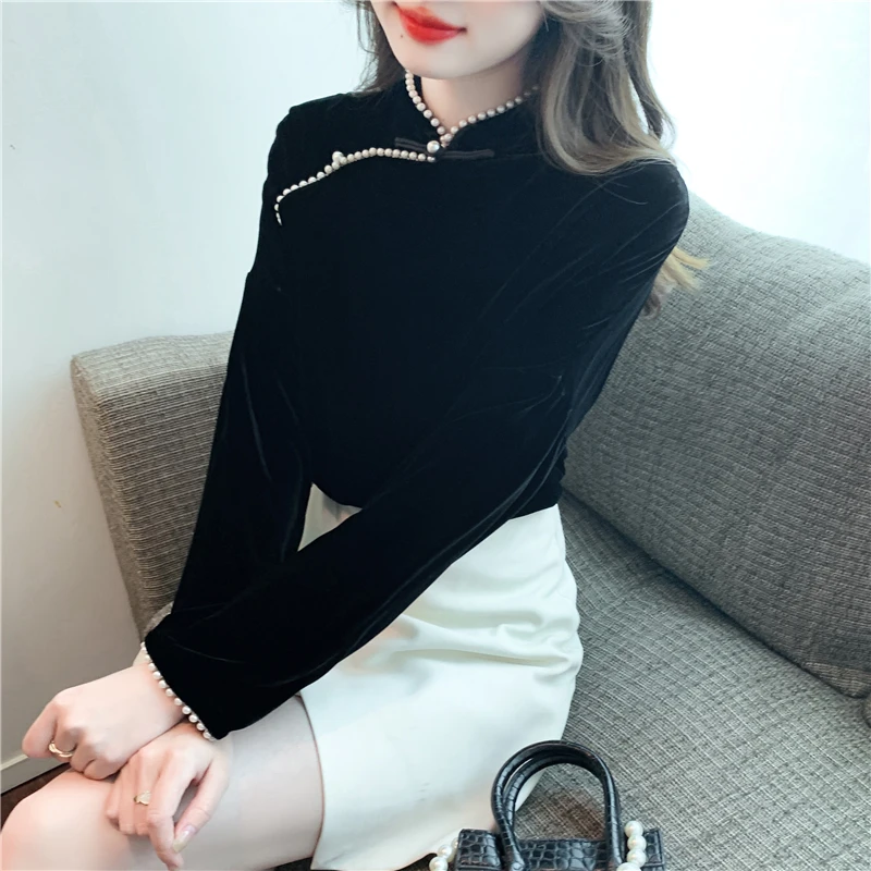秋冬新中式改良盘扣丝绒上衣长袖衬衫女士内搭加绒加厚黑色打底衫
