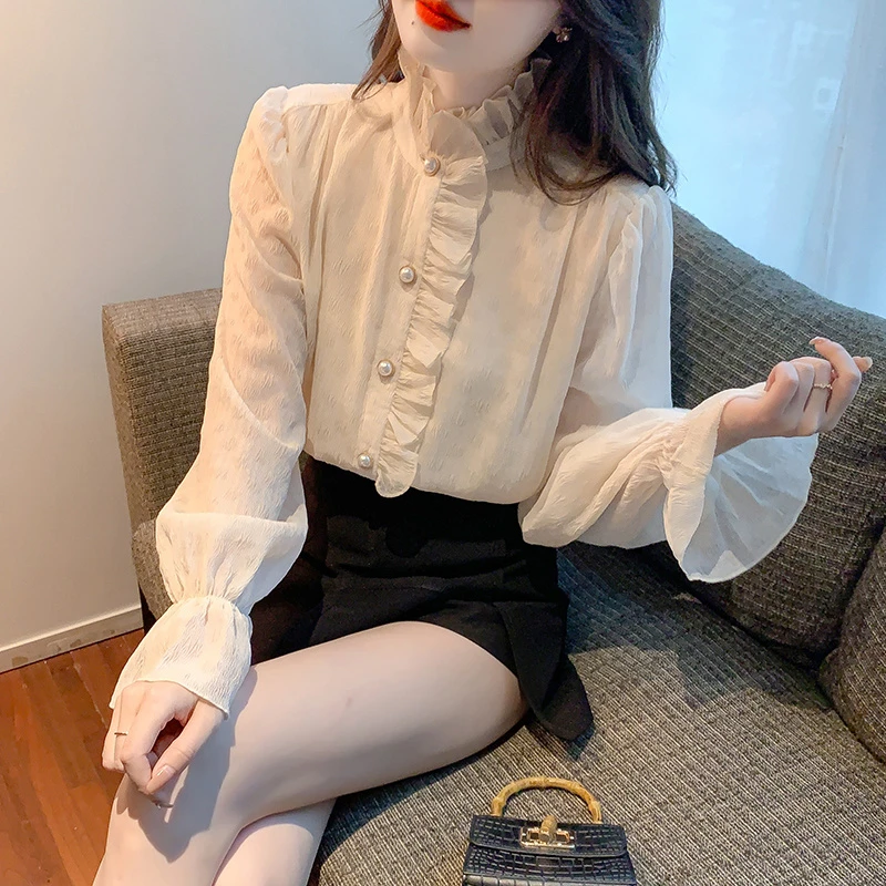 2024春秋新款洋气木耳边高领蕾丝雪纺女士气质喇叭袖ins波浪衬衫