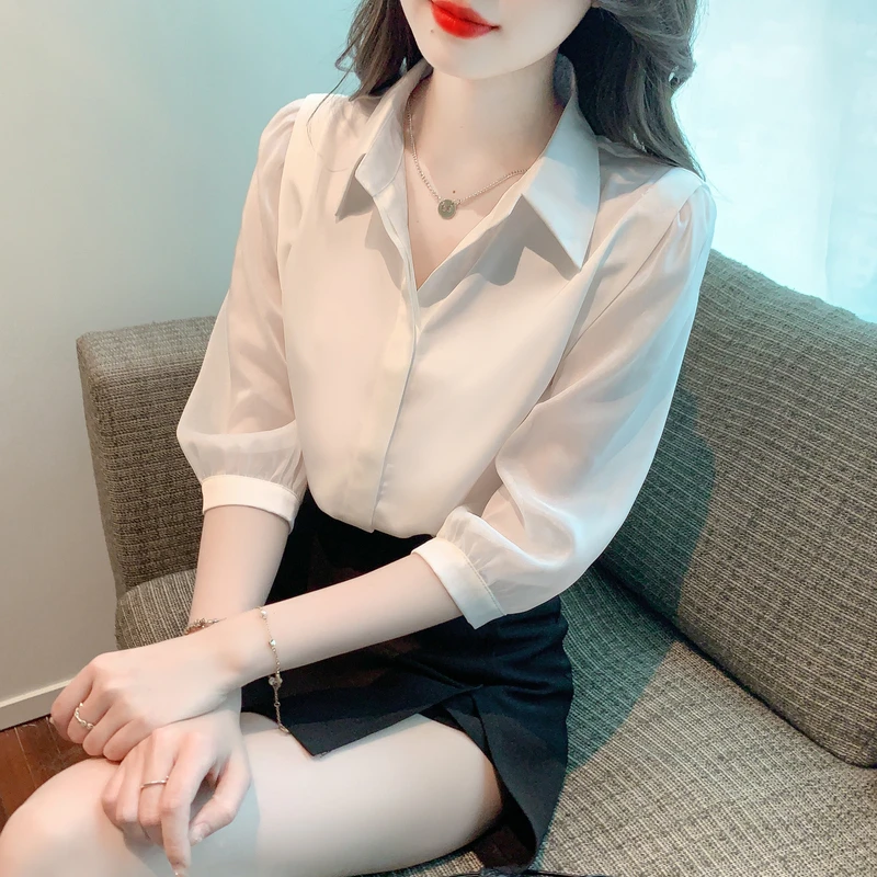 2024新款夏季通勤polo领白色衬衣女士高档衬衫灯笼七分袖法式上衣