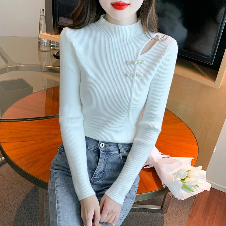 半高领白色镂空毛衣中式盘扣2024秋冬新款修身打底衫针织内搭上衣