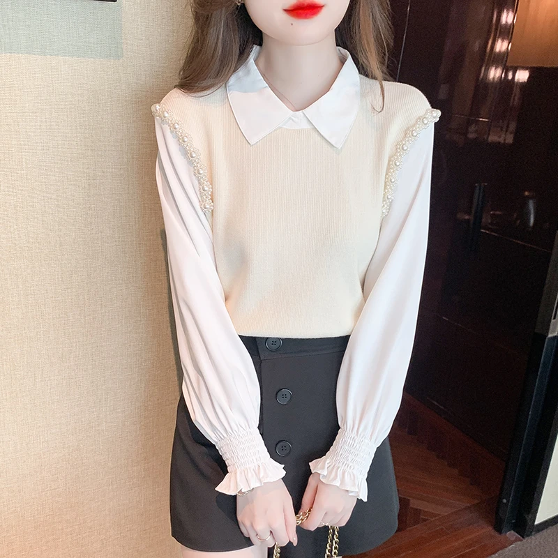 2024秋冬款假两件上衣钉珠Polo领内搭衬衫女士设计感长袖打底衬衣